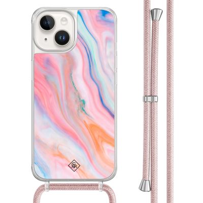 iPhone 14 hoesje met rosegoud koord - Pink glam
