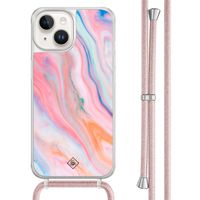 iPhone 14 hoesje met rosegoud koord - Pink glam