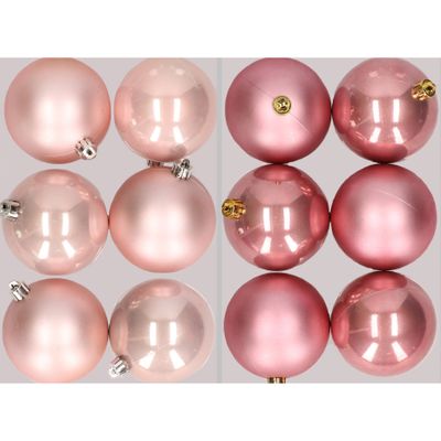 12x stuks kunststof kerstballen mix van lichtroze en oudroze 8 cm
