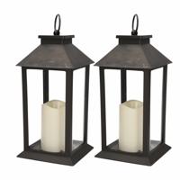 Lantaarn - 2x - zwart - kaars met LED verlichting - 33 cm - LED - stompkaars in lantaarn - woondecor