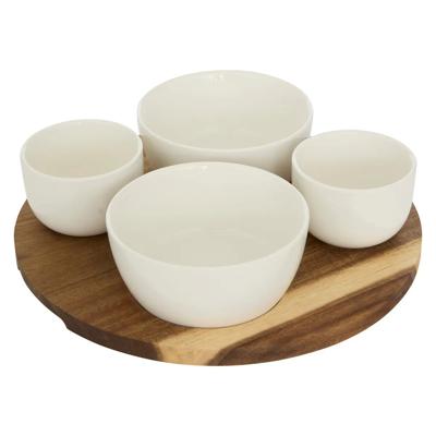 5Five Serveerplank acacia - met 4x schaaltjes wit - D26 cm - tapas en saus schaaltjes - hapjes