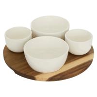 5Five Serveerplank acacia - met 4x schaaltjes wit - D26 cm - tapas en saus schaaltjes - hapjes