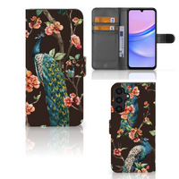 Samsung Galaxy A15 Telefoonhoesje met Pasjes Pauw met Bloemen - thumbnail