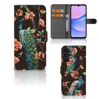 Samsung Galaxy A15 Telefoonhoesje met Pasjes Pauw met Bloemen