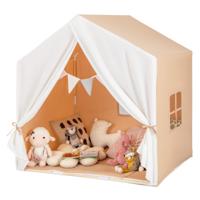 Kindertent voor Binnen Kinderspeelhuis met Raam en Mat Prinsessenspeeltent met Gordijn en Houten Frame Kinderspeeltent (Lichtbruin)