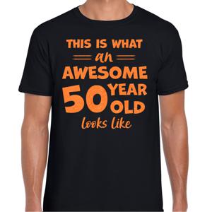 Cadeau T-shirt voor heren - leeftijd 50 jaar - awesome - zwart - glitter oranje - Abraham