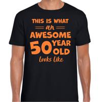 Cadeau T-shirt voor heren - leeftijd 50 jaar - awesome - zwart - glitter oranje - Abraham - thumbnail