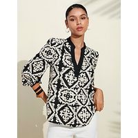 satijnen Eden Marokkaanse zwart-wit bedrukte blouse - thumbnail