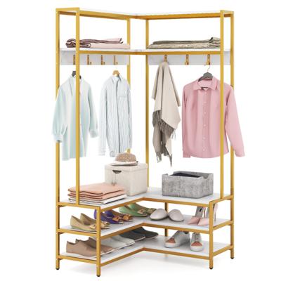 Hoek Kledingrek Open Planken 7 Haken Solide Metalen Frame Anti-Kantelset Organiser voor Slaapkamer Garderobe