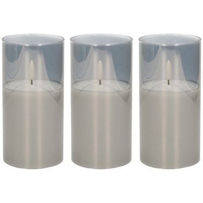 3x stuks luxe led kaarsen in grijs glas D7,5 x H15 cm met timer