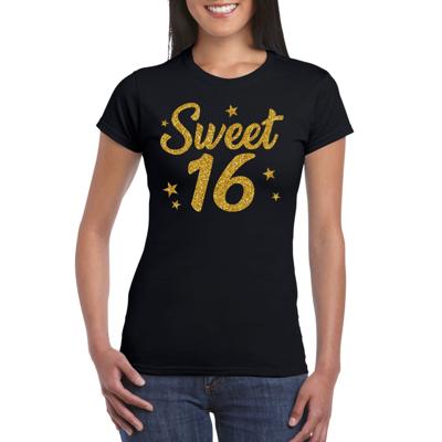 T-shirt Sweet 16 - zwart met glitter goud - dames - 16e verjaardag cadeau - shirt