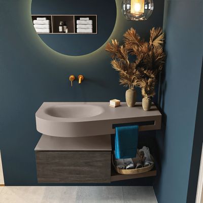 MONDIAZ RIVA 100cm badmeubel onderkast / planchet kleur Dark_Brown met 1 lade. Wastafel DULCET links 0 kraangaten kleur Smoke.