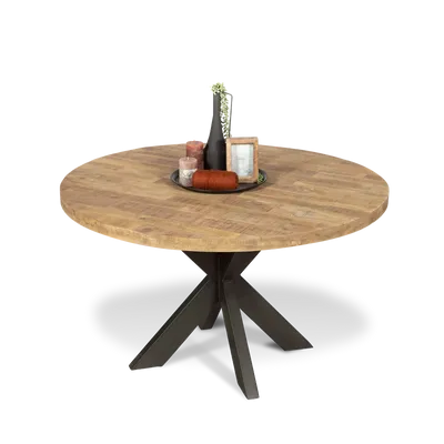 Eettafel (rond 130cm - poot 10x5cm) Steelwood - Seasoned Brown/Metaal Zwart