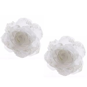 4x stuks kerstboom decoratie rozen bloemen winter wit 14 cm