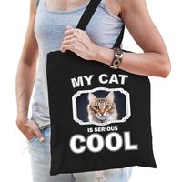 Katoenen tasje my cat is serious cool zwart - Bruine katten / katten cadeau tas