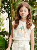 Meisjesshirt met zomers motief en schoudermouwen ecru - thumbnail
