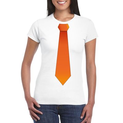 Wit t-shirt met oranje stropdas dames