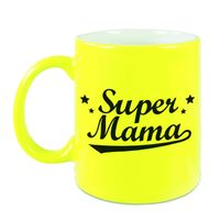 Super mama cadeau mok / beker neon geel voor Moederdag 330 ml - feest mokken - thumbnail