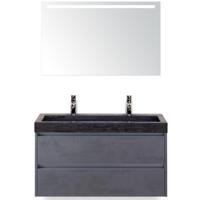 Dante Badmeubelset 100 cm - Beton Antrac - Wastafel Hardsteen Wit Lucca 2 Kraangaten met Sence Spiegel