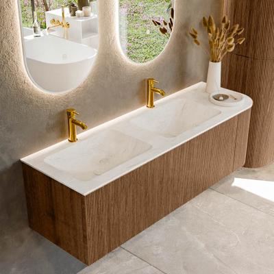 Mondiaz KURVE-DLUX 145 cm Onderkast Greeploos 1 Lade Met Deuren Walnut, Wastafel Solid Surface Links Opalo 2 Kraangaten Zonder Spiegel (KRVLEA145R1L1D2KD-Wal/Opa)