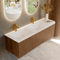 Mondiaz KURVE-DLUX 145 cm Onderkast Greeploos 1 Lade Met Deuren Walnut, Wastafel Solid Surface Links Opalo 2 Kraangaten Zonder Spiegel (KRVLEA145R1L1D2KD-Wal/Opa)