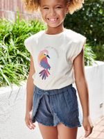 Meisjesshirt met paradijsvogel en schoudermouwen ecru