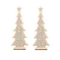 2x stuks kerstdecoratie houten kerstboom glitter zilver 35,5 cm decoratie kerstbomen