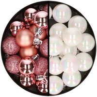 36x stuks kunststof kerstballen roze en parelmoer wit 3 en 4 cm - thumbnail