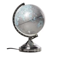 Decoratie wereldbol/globe zilver met verlichting op metalen voet 20 x 32 cm   -