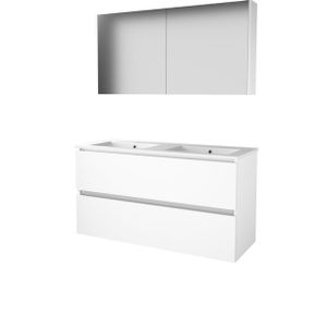 Basic-Line Comfort 46 badkamermeubelset - 120x46cm - greeploos - 2 lades - porseleinen wastafel - 2 kraangaten - Spiegelkast - MDF lak Ice White 1810789