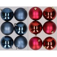 12x stuks kunststof kerstballen mix van donkerblauw en donkerrood 8 cm   -