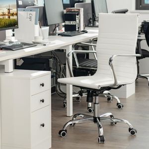 360 Graden Draaibare Hoogte Verstelbare PU Lederen Gaming Bureaustoel met Hoge Rugleuning Stalen Frame 5 Zwenkwielen Wit