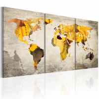 Schilderij - Wereldkaart - Gele continenten, 3luik , premium print op canvas - thumbnail