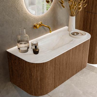Mondiaz KURVE-DLUX 100 cm Onderkast Greeploos 1 Lade Met Deuren Walnut, Wastafel Solid Surface MIdden Ostra 0 Kraangaten Zonder Spiegel (KRVGRU100L+R1L2D0KM-Wal/Ost)
