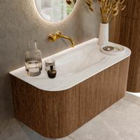 Mondiaz KURVE-DLUX 100 cm Onderkast Greeploos 1 Lade Met Deuren Walnut, Wastafel Solid Surface MIdden Ostra 0 Kraangaten Zonder Spiegel (KRVGRU100L+R1L2D0KM-Wal/Ost)