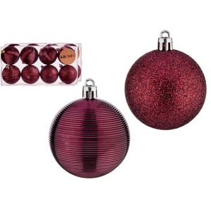 Gedecoreerde kerstballen - 8x stuks - wijn/bordeaux rood - kunststof - 6 cm