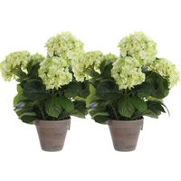 2x Lichtgroene Hortensia kunstplant 45 cm in grijze pot