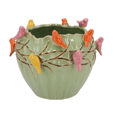 Bloempot/plantenpot Spring birds - pistache groen - keramiek - D26 x H20 cm