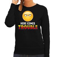 Funny emoticon sweater Here comes trouble zwart dames