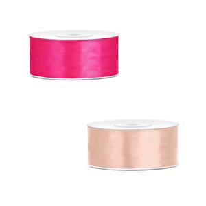 Bellatio decorations 2x rollen satijn cadeaulint/sierlint - 2.5 cm x 25 meter - roze en zalmroze