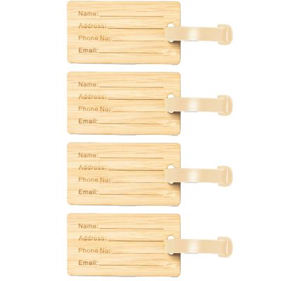 Kofferlabel van bamboe - 4x - beige - 9 x 5 cm - reiskoffer/handbagage labels