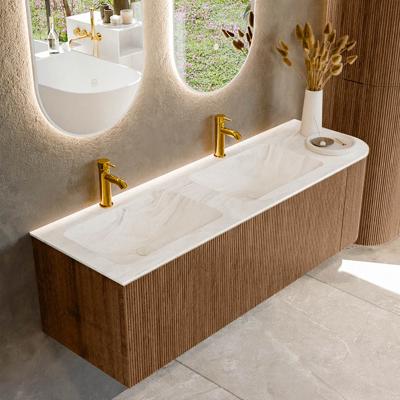 Mondiaz KURVE-DLUX 145 cm Onderkast Greeploos 1 Lade Met Deuren Walnut, Wastafel Solid Surface Links Ostra 2 Kraangaten Zonder Spiegel (KRVLEA145R1L1D2KD-Wal/Ost)