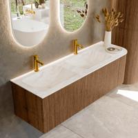 Mondiaz KURVE-DLUX 145 cm Onderkast Greeploos 1 Lade Met Deuren Walnut, Wastafel Solid Surface Links Ostra 2 Kraangaten Zonder Spiegel (KRVLEA145R1L1D2KD-Wal/Ost)