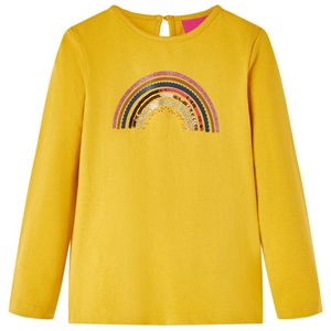 Kindershirt met lange mouwen regenboogprint 128 okerkleurig