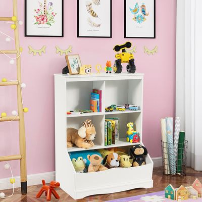 3-Laags Speelgoed Organisator met 4 Open Vakjes en een Bak Multifunctionele Boekenkast 67 x 40 x 88,5 cm Wit