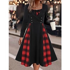 Dames Vintage Jurk Feestjurk Cocktail jurk Halflange jurk Zwart Rood blauw Lange mouw Ruitjes Afdrukken Zomer Lente Herfst Vierkante hals Vintage Bruiloft gast Vakantie S M L XL XXL 3XL Lightinthebox