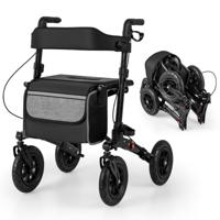 2-in-1 Rolstoel & Reisrollator Loophulp Rollator met Luchtbanden en Zitting 7-Voudig in Hoogte Verstelbaar Opvouwbaar en Licht-Zwart