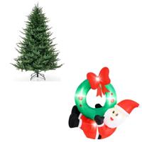 Led-kerstboom 280 en Opblaasbare Kerstman-krans Kunstmatige Boom 183 cm en Kerstkrans met Rode Strik