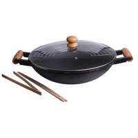 Wokpan set gietijzer/hout - 5-delig - zwart - 47 x 39 cm