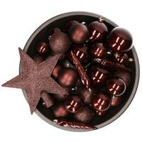 Set van 33x stuks kunststof kerstballen met ster piek mahonie bruin mix   - - thumbnail